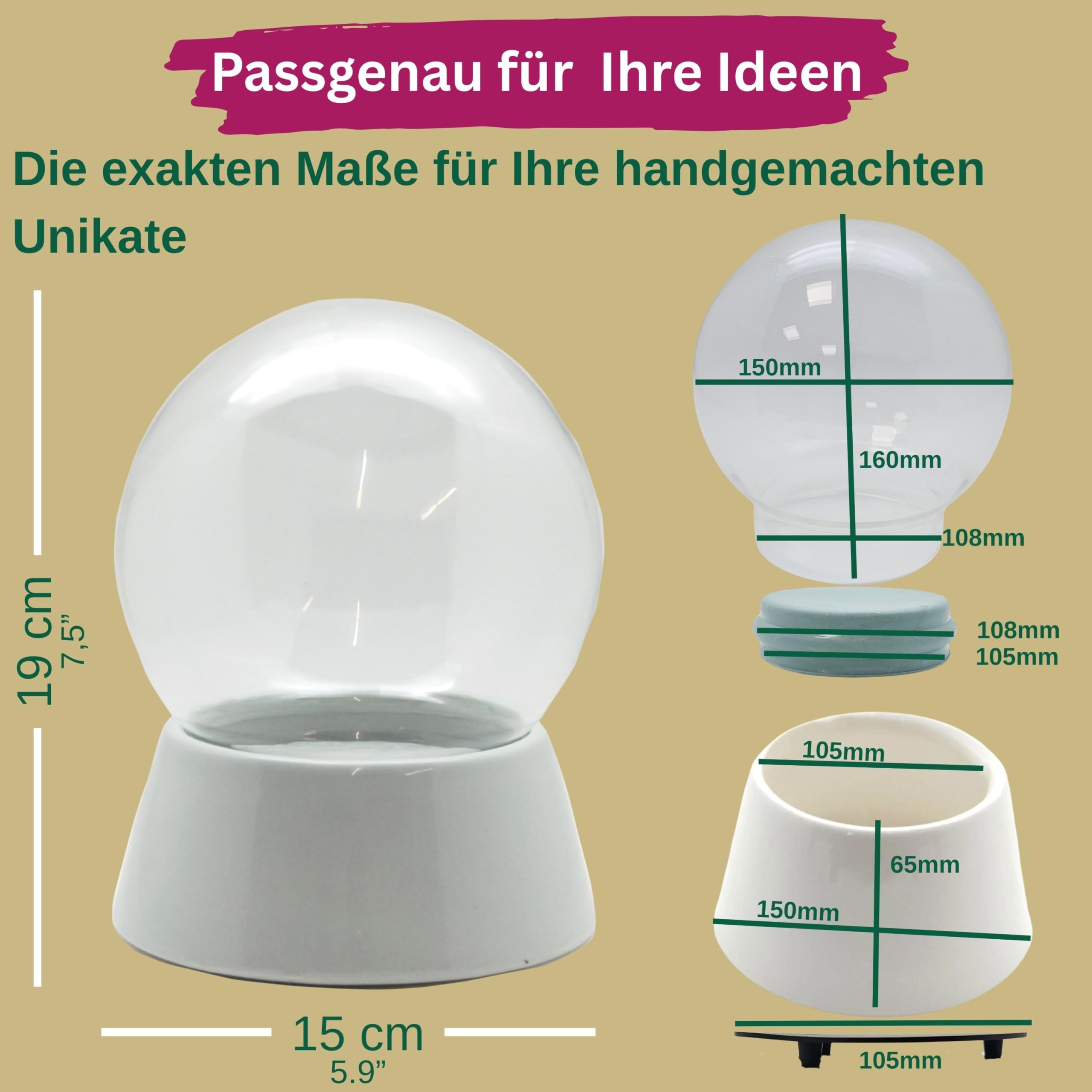 DIY-Komplettset m. 1 x Schnee, Glitzer, Wasserklar & Kleber | Bastelset mit Glaskugel und Porzellansockel | Schüttelkugel individuell selbermachen | Breite: 150mm, Höhe:200mm | 40143