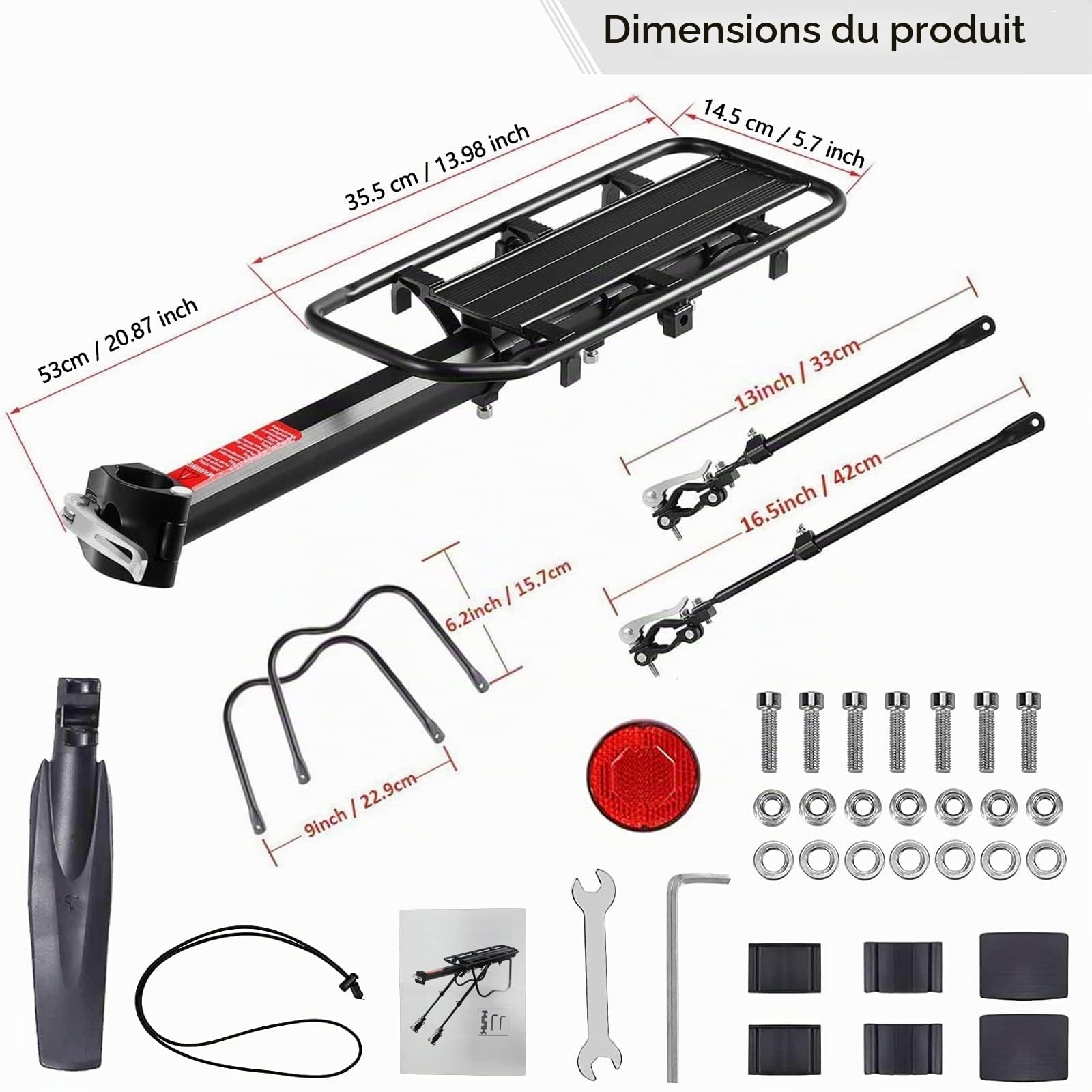 Porte Bagage Vélo Arrière, Porte Bagage Velo Arriere Universel en Alliage d'Aluminium, Rapide Installation Porte-Bagages avec Réflecteur et Garde-Boue pour VTT de 24 à 29 Pouces