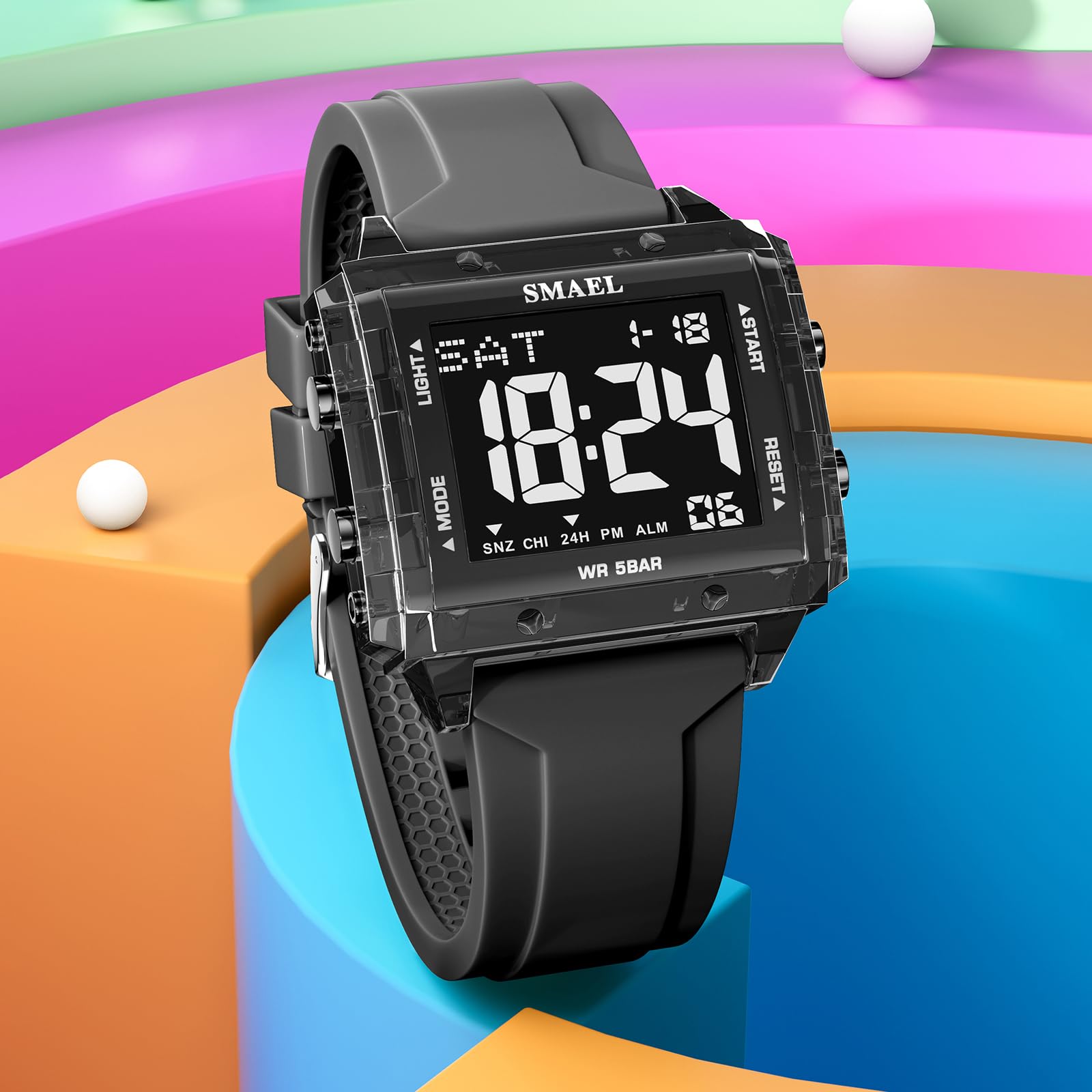 KXAITO Digital Sports Watch, Square Case 44mm, LED Night Light Display, 5ATM Waterproof, Silica Gel Band, Alarm Chronograph Stopwatch, Gift - 3