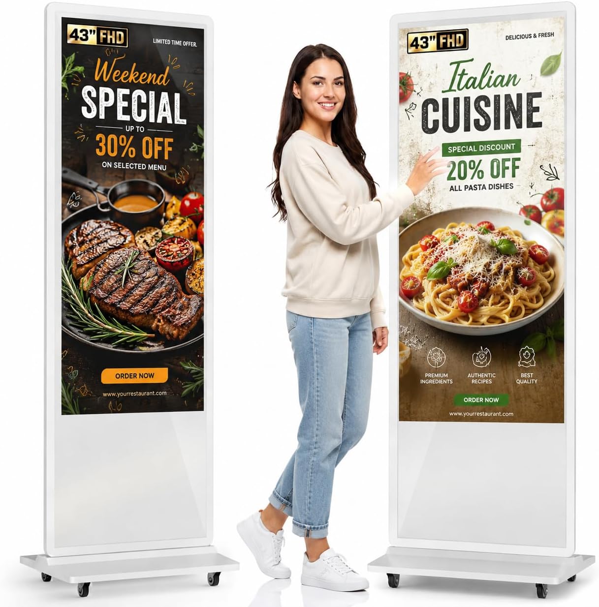 43" Trouchscreen Digital Signage Display Kiosk, FHD 1080P Freestanding LCD Advertising Screen with 4 Wheels, 450 Nits Commercial Digital Poster with WiFi/HDMI/USB, Android OS for Retail & Malls