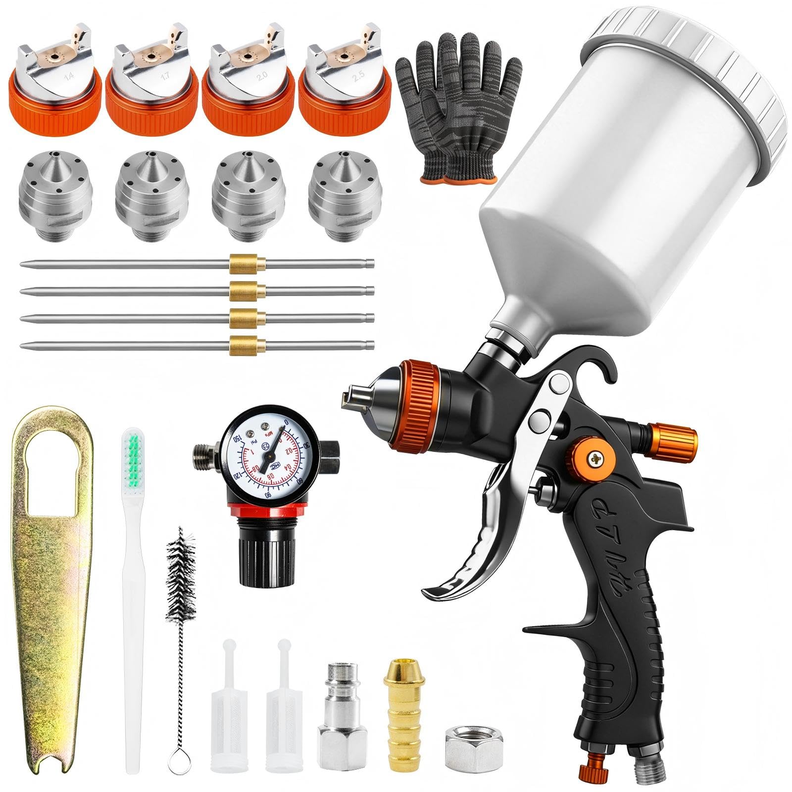Pistolet à peinture professionnel HVLP avec buses de 1,4/1,7/2,0/2,5 mm, capacité de 600 ml et manomètre, idéal pour peintures de voiture, apprêts, vernis transparents, vernis de finition (orange/noir