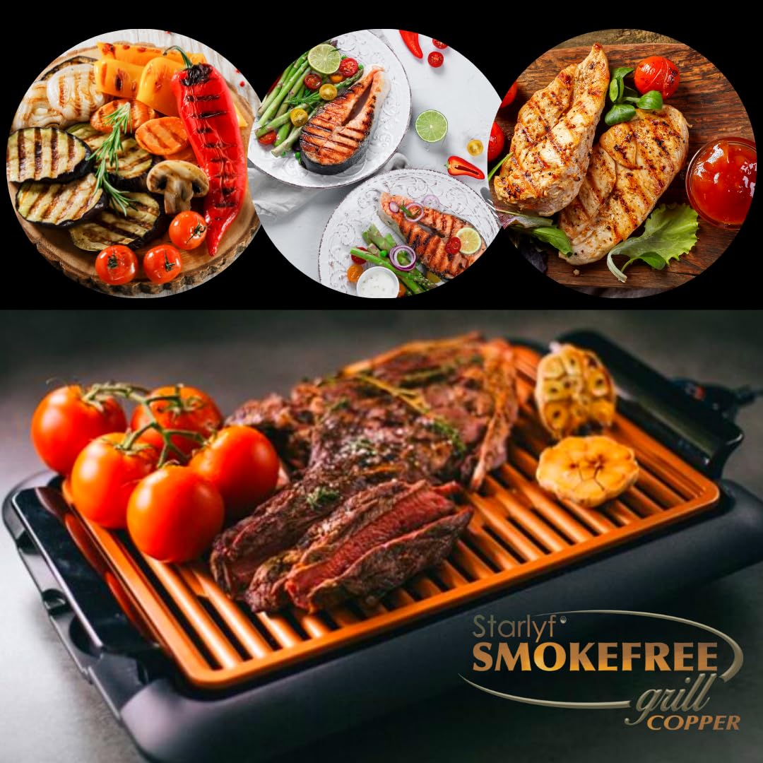 STARLYF Barbacoa eléctrica Smokefree Grill + Plancha - Barbacoa Eléctrica de 1250W, Parrilla Eléctrica Interior sin Humos ni Olores, Superficie Antiadherente de Cobre, Cocción Uniforme