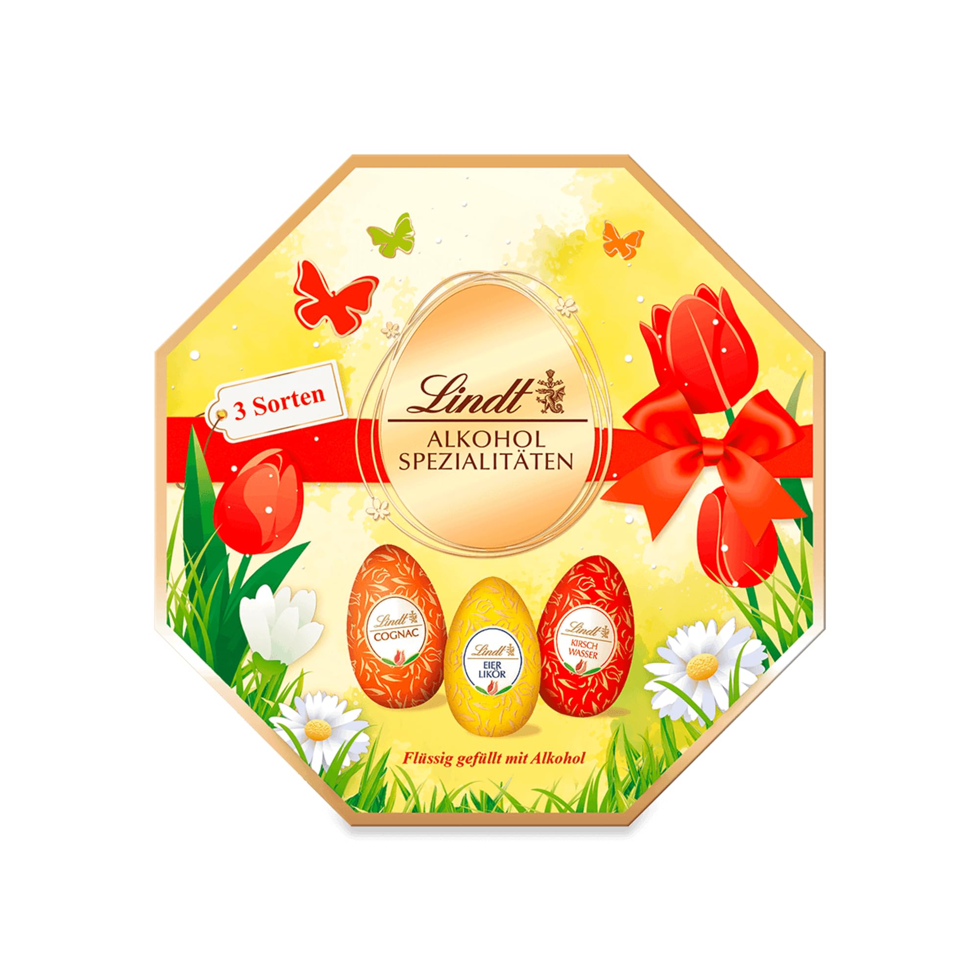 Lindt Schokolade Alkohol-Spezialitäten Eier| 144 g | Vollmilch-Eier mit flüssiger alkoholischer Füllung (Cognac, Eierlikör-Eier, Kirschwasser) | Oster Schokolade | Schokoladengeschenk | Ostereier