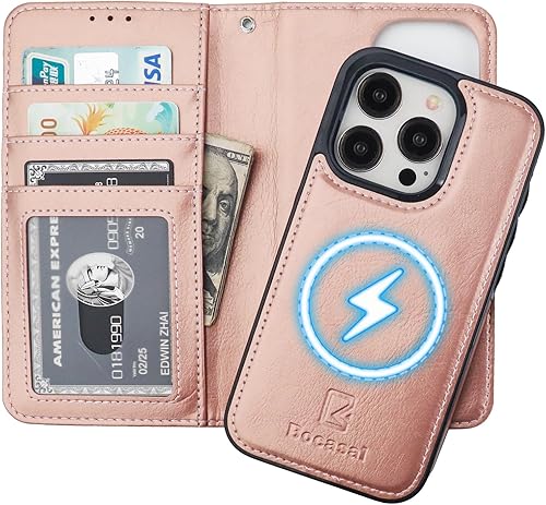 Miniatura 10 de Bocasal Funda tipo cartera desmontable para iPhone 15 Pro con bloqueo RFID, ranuras para tarjetas, soporte magnético de piel sintética de alta