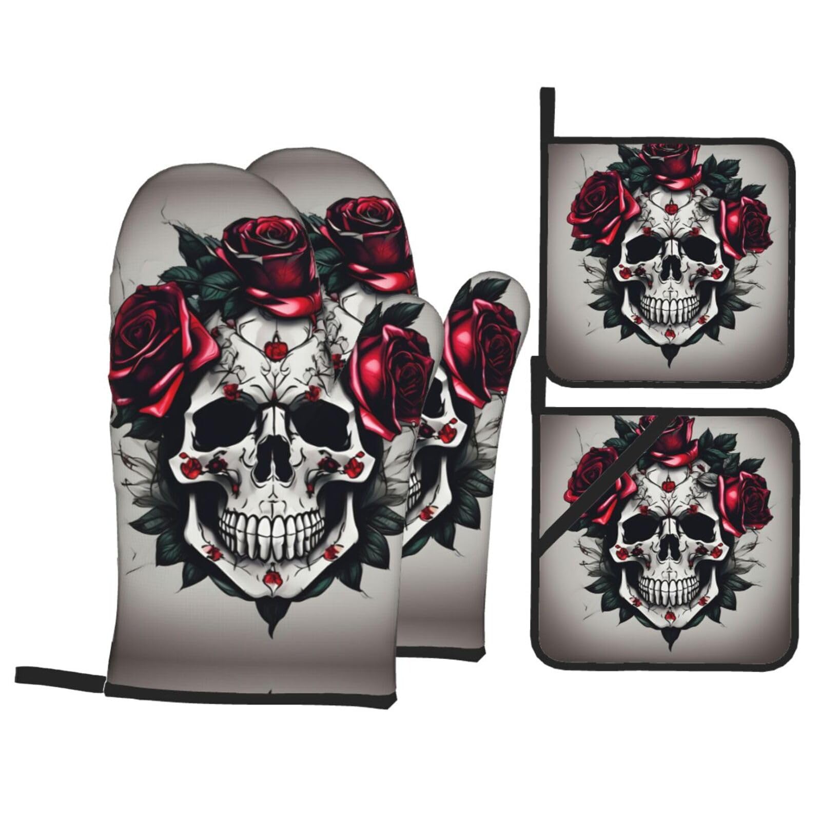 Red Rose Skull Print Oven Mitts,Pot Holders, Heat Resistant Oven Mitts Gloves,Hot Pads for Kitchen Cooking Grill