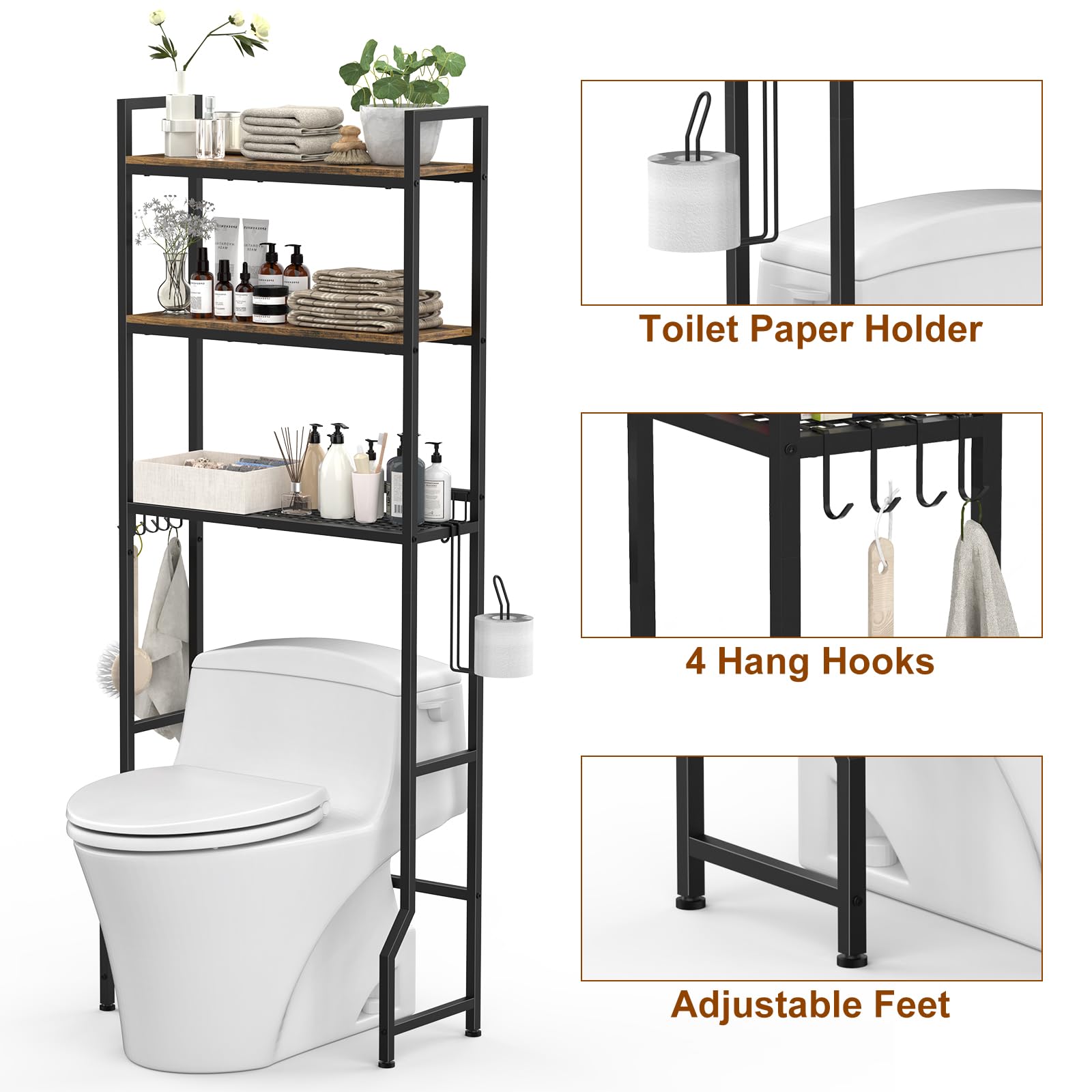 CADUKE Toilettenregal, Waschmaschinenregal Toiletten-Überbau mit Aufbewahrungskorb, 3 Ebenen Ablage über Waschmaschine für Badezimmer und Waschküche mit 4 Haken und Papierhalter, Braun