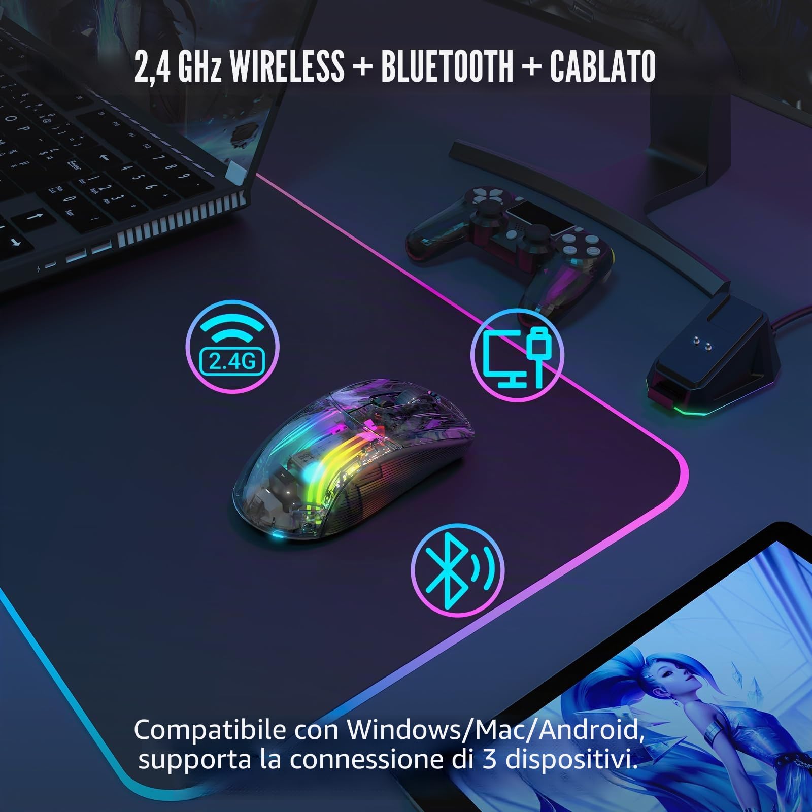 ATTACK SHARK X2 Pro Mouse Gaming Wireless con Station di Carica, Guscio Trasparente, Mouse Bluetooth RGB Ricaricabile Silenzioso a Tre modalità(BT5.0/2.4G/Tipo C) PixArt 3212, 4000 DPI, PC/MAC, Nero