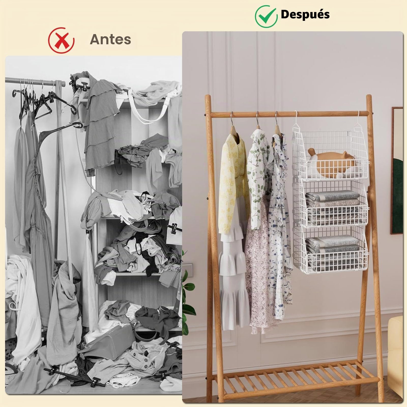 Organizador de armario colgante de 6 niveles, ahorra espacio | Metal duradero, amplia vista, fácil de montar, instrucciones claras incluidas, color blanco