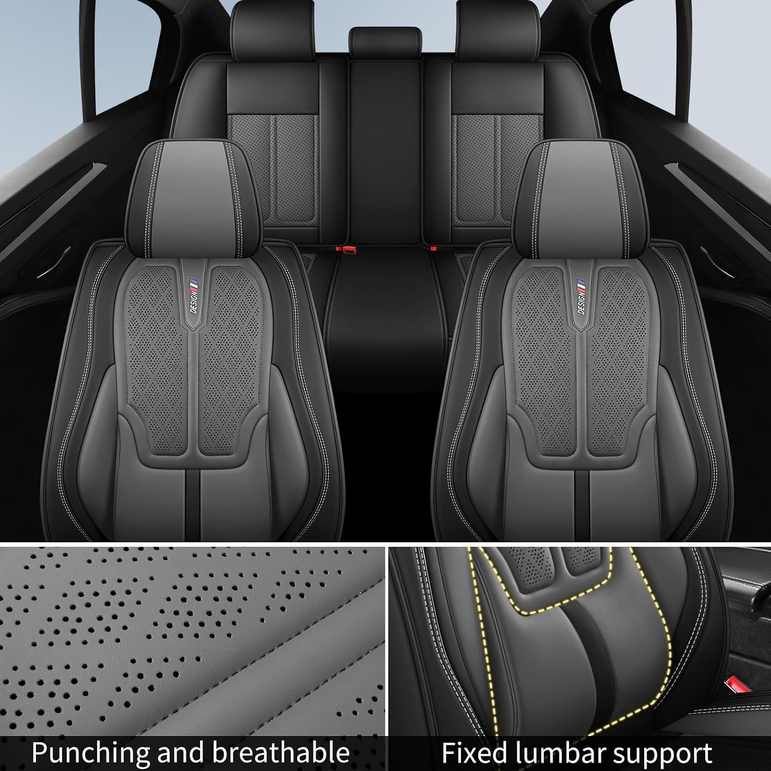 Car Seat Covers Full Set for Hyundai Sonata 2004-2026 Nappa Leather Seat Covers, Breathable Waterproof Seat Cover, Car Seat Protectors Adapted to Airbags（Luxury, Black+Gary）