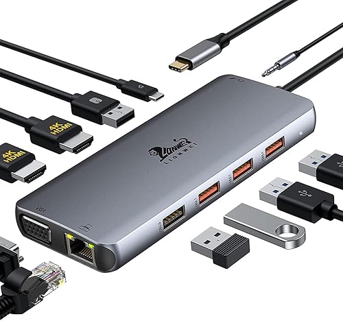 LIONWEI Estación de acoplamiento para portátil USB C 11 en 1, monitor doble, HDMI 4K + VGA, 3 x 10 Gbps USB 3.1, PD, Ethernet, audiomicrófono,