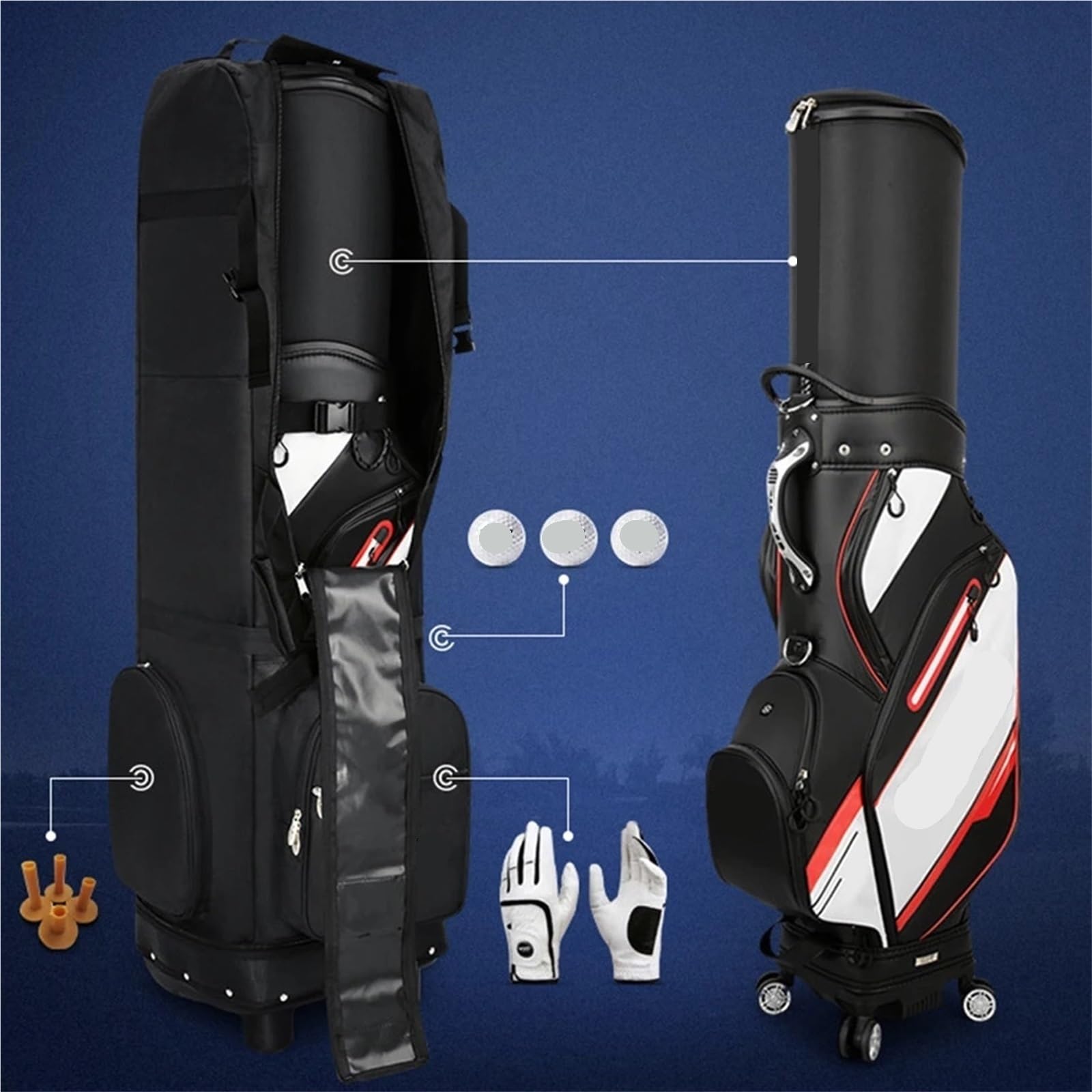 Abdeckung Golfbag Golf-Luftfahrttasche, wasserdicht, for Reisen mit Rädern, große Aufbewahrungskapazität, praktische Faltbare Flugzeug-Balltaschen