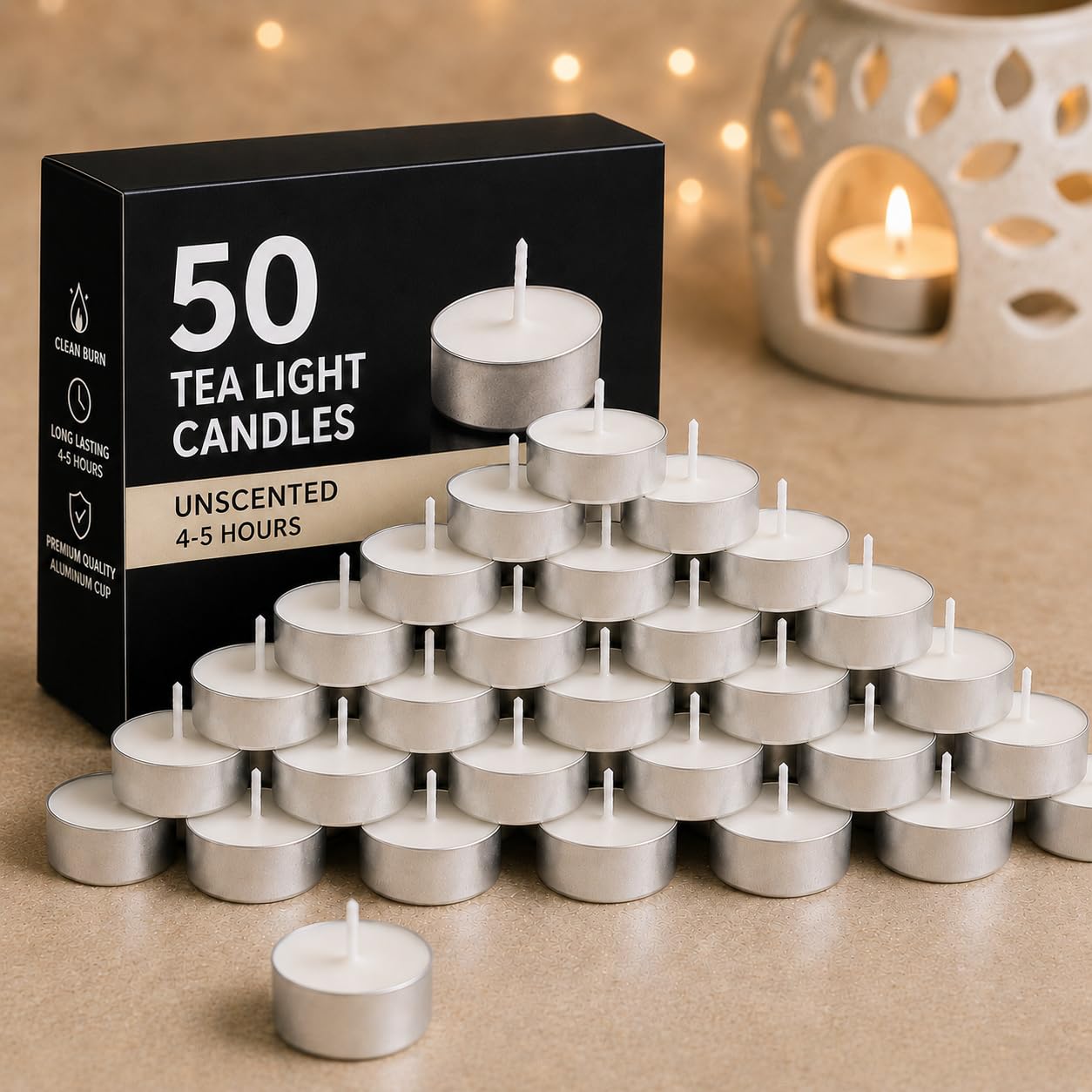 Unscented Tealights Pack of 50 | Clean Burn, 4-5 Hours Burn Time, 3.5 cm Diameter, Home Decor, Aroma Diffuser Use-image-5