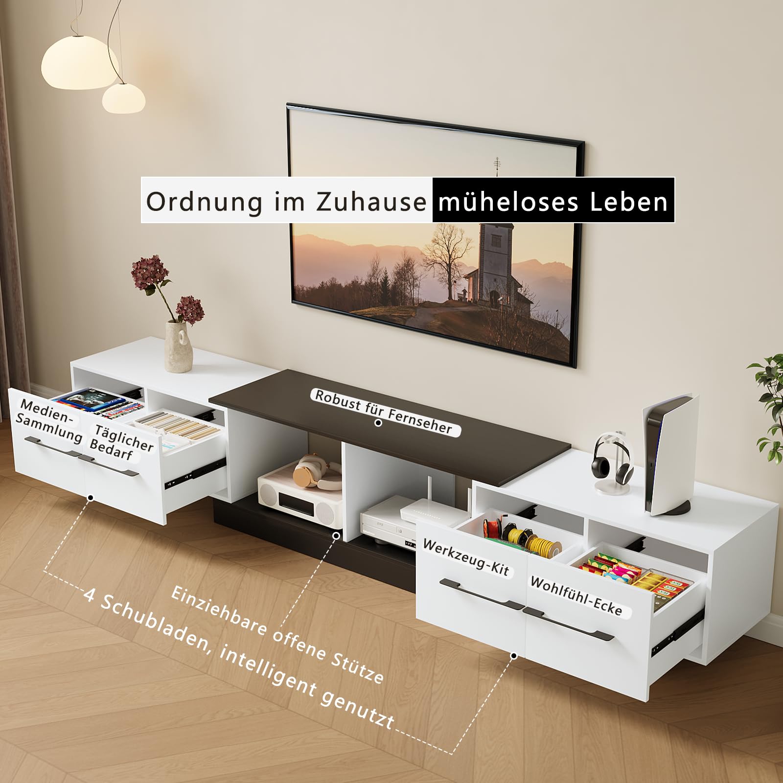 Ausziehbares TV Schrank 190-260cm，Holz TV Lowboard mit 4 Schubladen, für 120 Zoll Fernseher，Moderner TV Möbel für Wohnzimmer