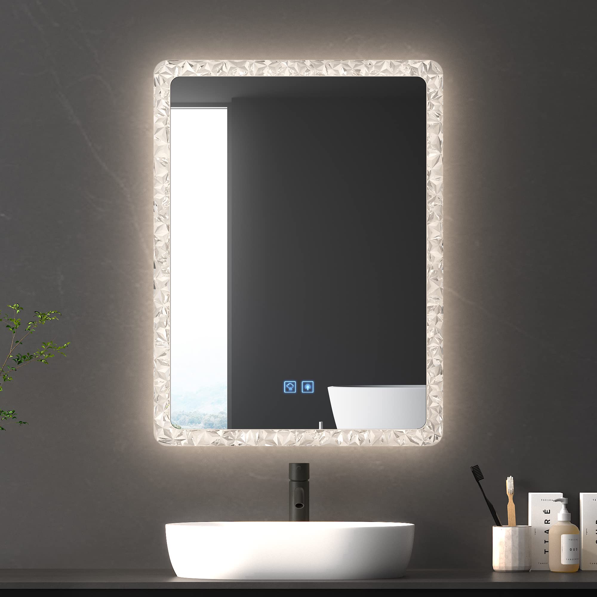 LVSOMT Bathroom Mirror with Lights 24 x 32 Inch, LED Vanity Mirror Wall-Mounted, Smart Mirror Bathroom with 3 Colors Dimming Light