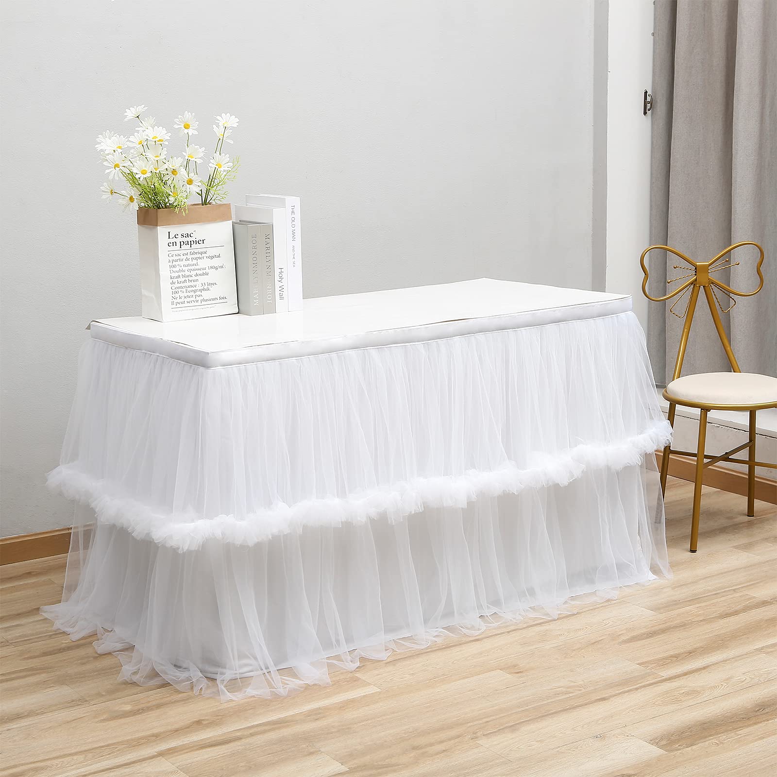 rismart Tulle Gonna Tavolo Tutu Gonne da Tavolo per Baby Shower Bianco,76 H x L 190 cm