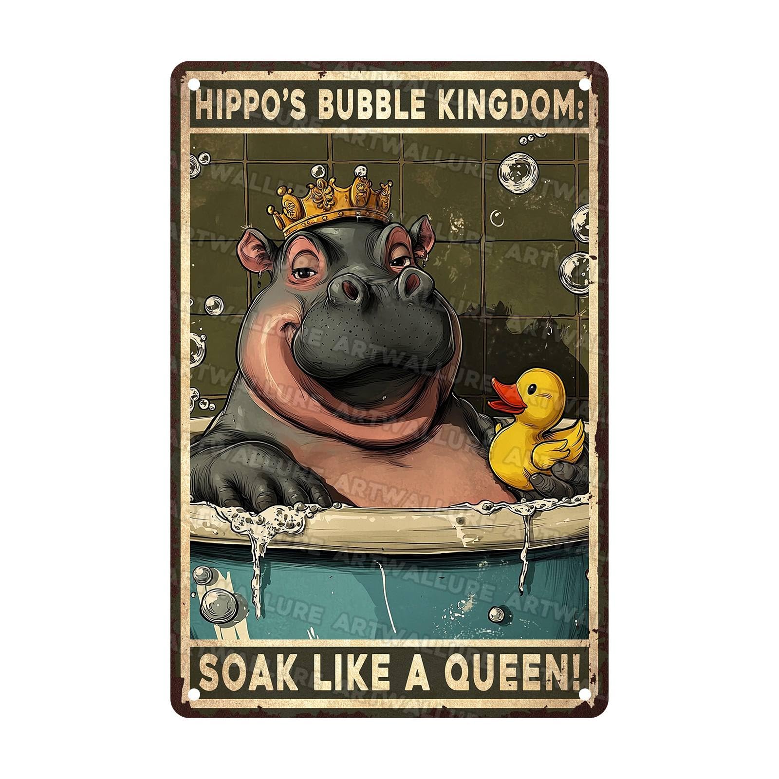 Hippo Bathroom Wall Art Metal Tin Plaque Soak Like a Queen Vintage Rustic Decor Funny Toilet Sign Bubble Bath Humor Washroom Iron Painting 8X12Inch