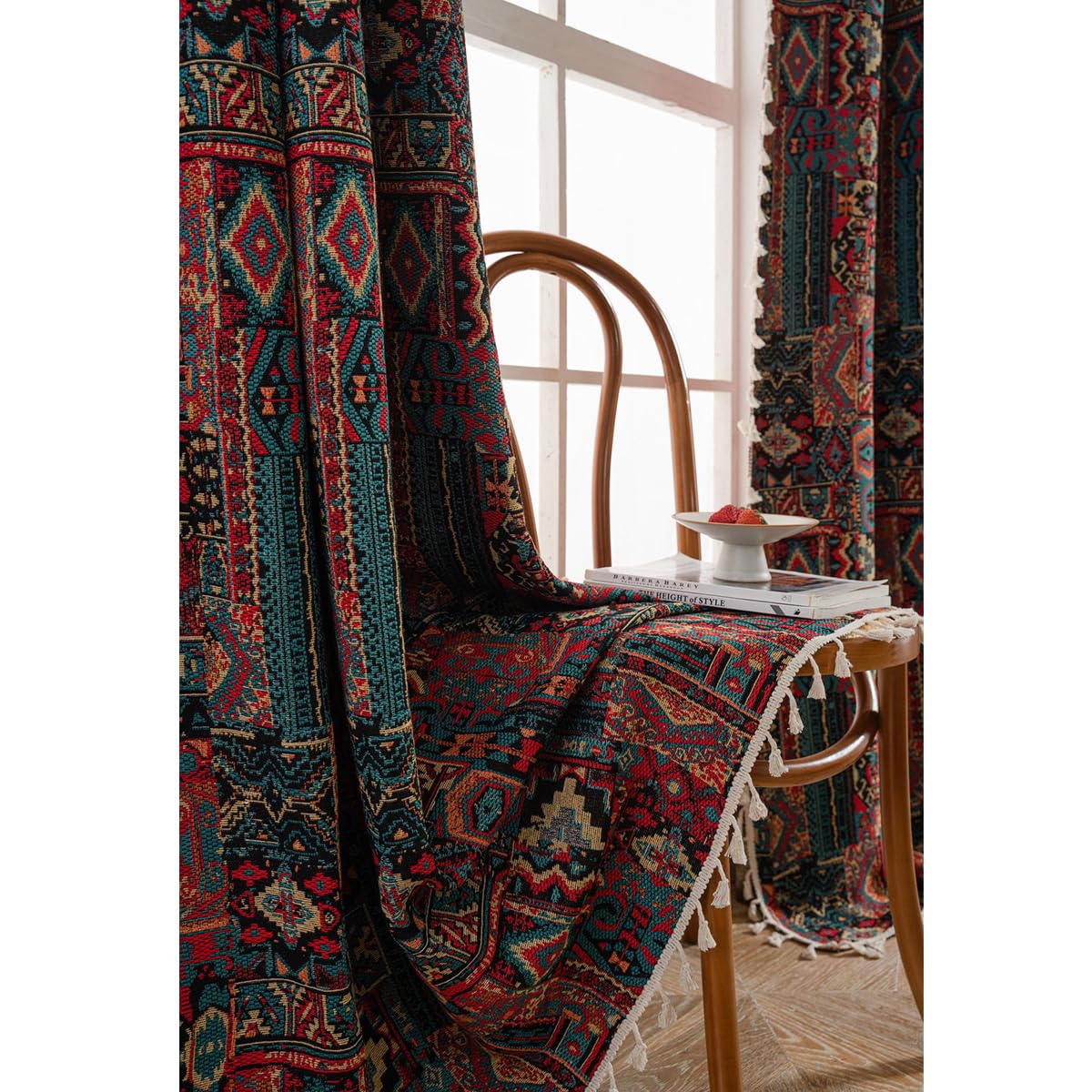 Bohemian Vintage Vorhänge Geometrisch Blickdicht Gardinen Rot Leinenoptik Boho Jacquard Baumwolle Vorhange mit Quaste Rod Pocket für Wohnzimmer Schlafzimmer 1 Stück B150×H240cm