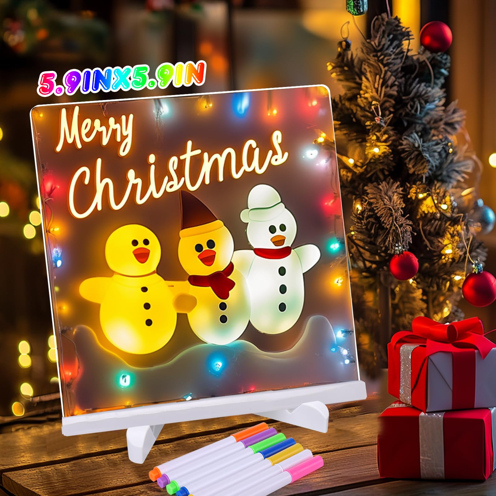 BABORUI Led Note Board with Colors, 5.9 X 5.9” Light Up Acrylic Message Board, Rewritable Led Writing Drawing Board for Kids, Clear Desktop Dry Erase Board with Light Stand Markers Eraser