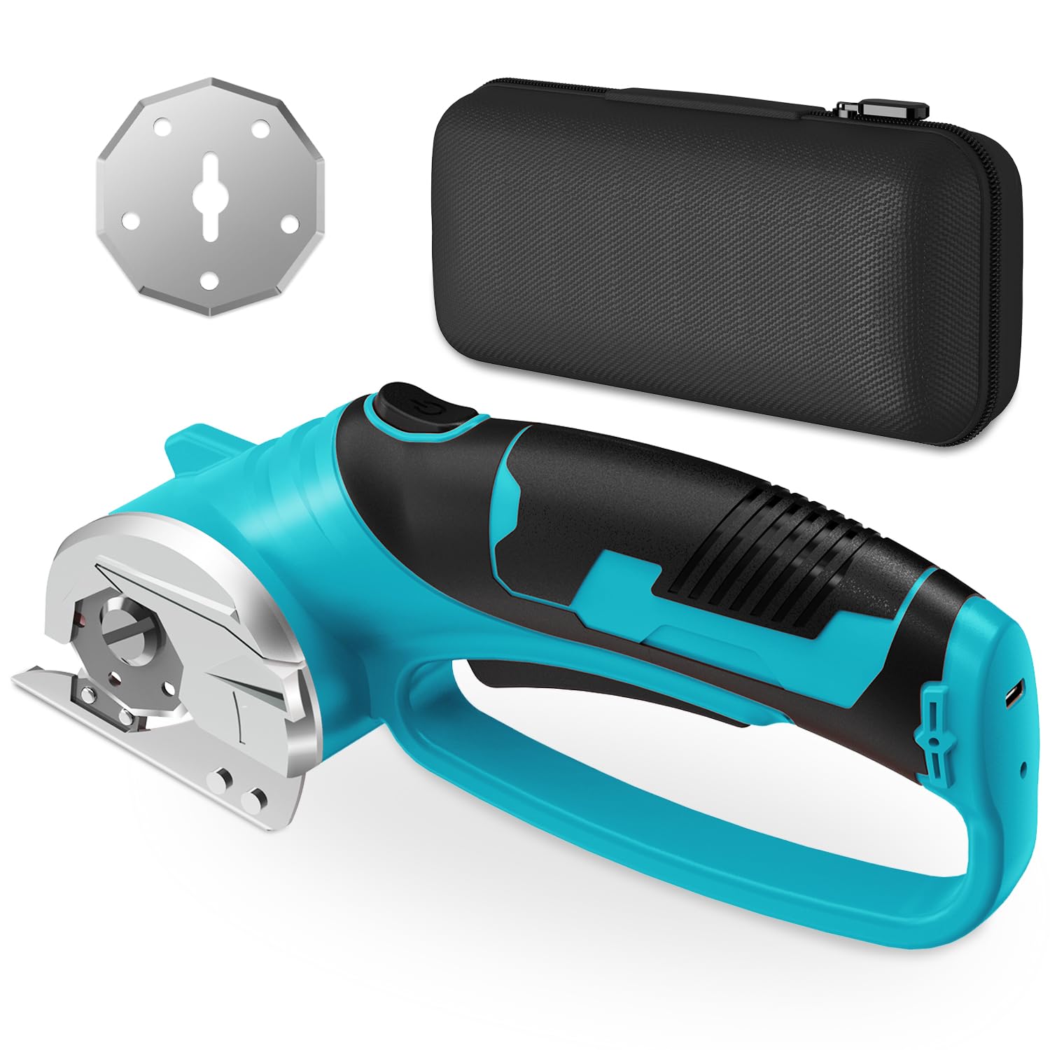 Cordless Electric Scissors, 4V Rechargeable Box Cutter &amp; Cardboard Cutter with LED Light, Safety Lock - Rotary Cutter for Fabric, Leather, Plastic, Crafting, Sewing with Storage Box (Turquoise)