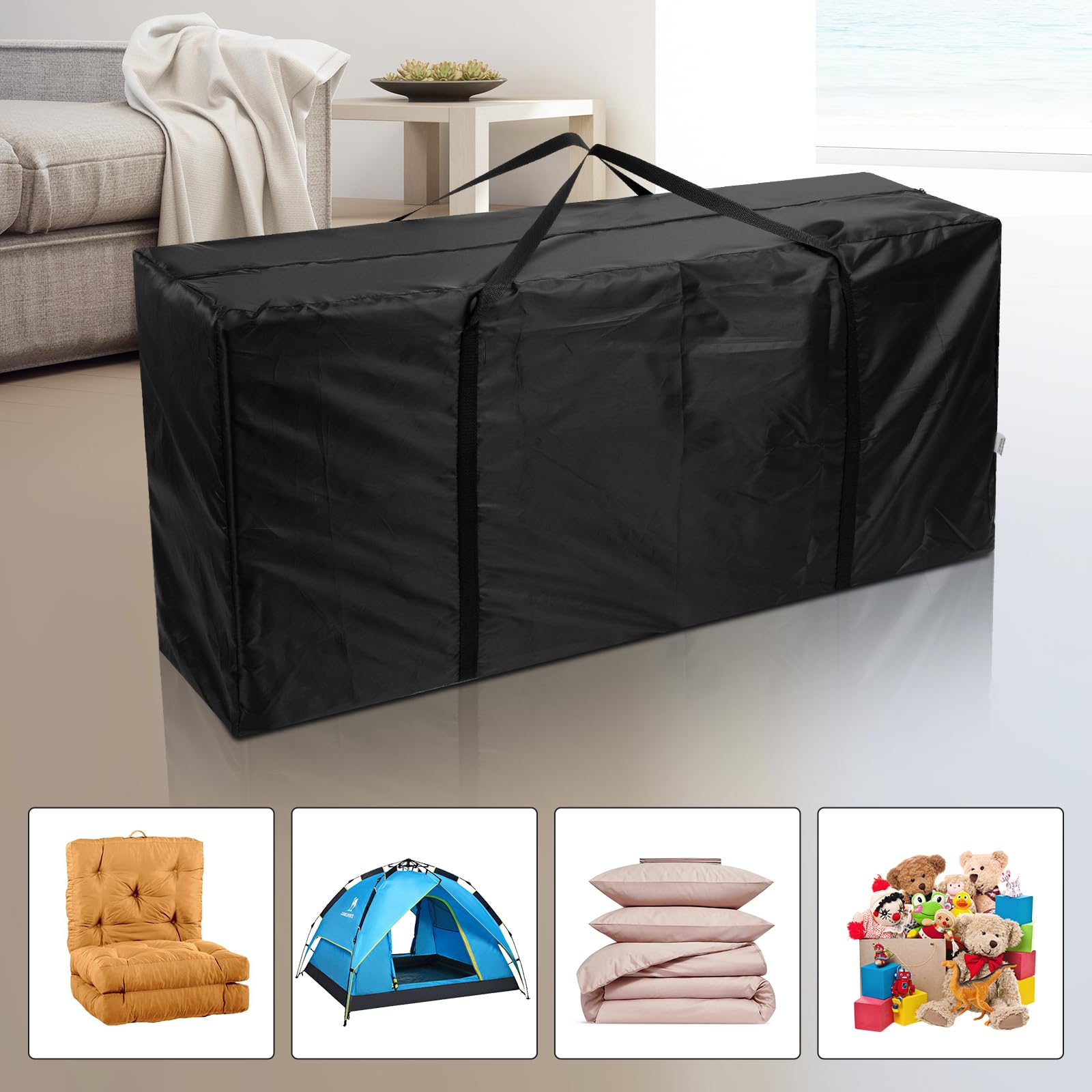 AiQInu Borsa da Giardino per Cuscini, Oxford Porta Cuscini da Esterno Impermeabile, Nero Borsa per Cuscino con Maniglie - 122x40x55cm