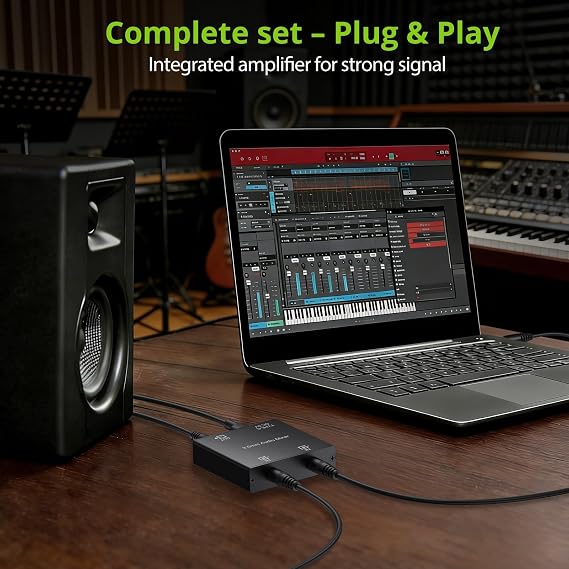 LiNKFOR 3.5mm Audio Mixer, 2-Channel Active Stereo Audio Mixer with Gold-Plated Connectors, Dual Input to Single Output, USB-C Powered, Plug & Play for PC, Phone, Tablet, MP3, Echo Dot