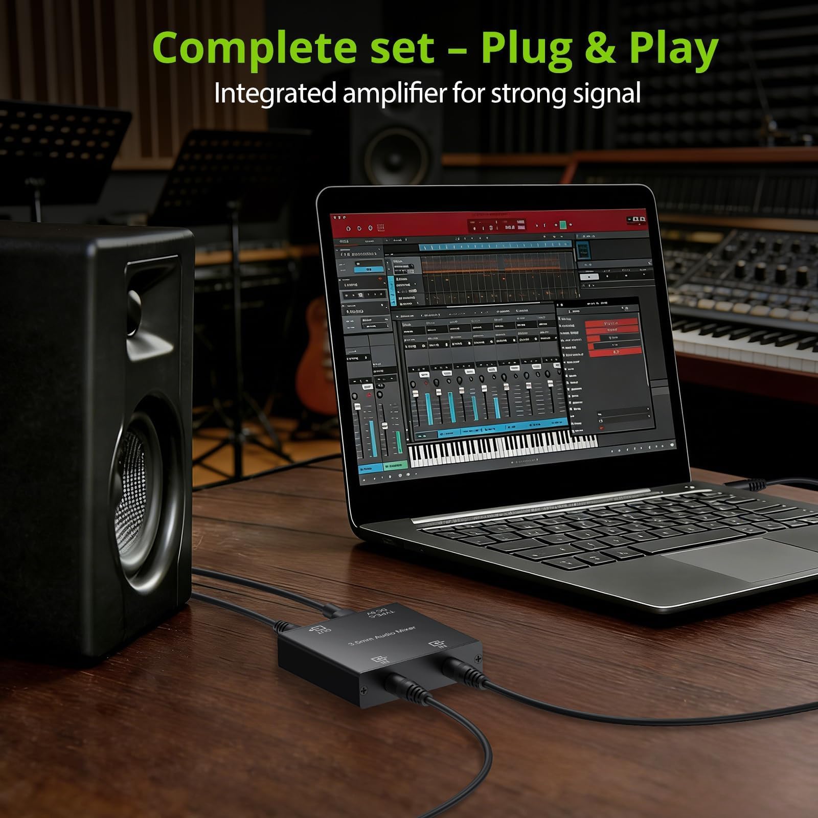 LiNKFOR Mixer Audio 3.5mm Stereo a 2 Canali con Alimentazione USB-C 3.5mm Audio Mixer Attivo con Ingressi Placcati Oro per PC, Console, Smartphone, Cuffie e Casse Amplificate – Include 2 Cavi