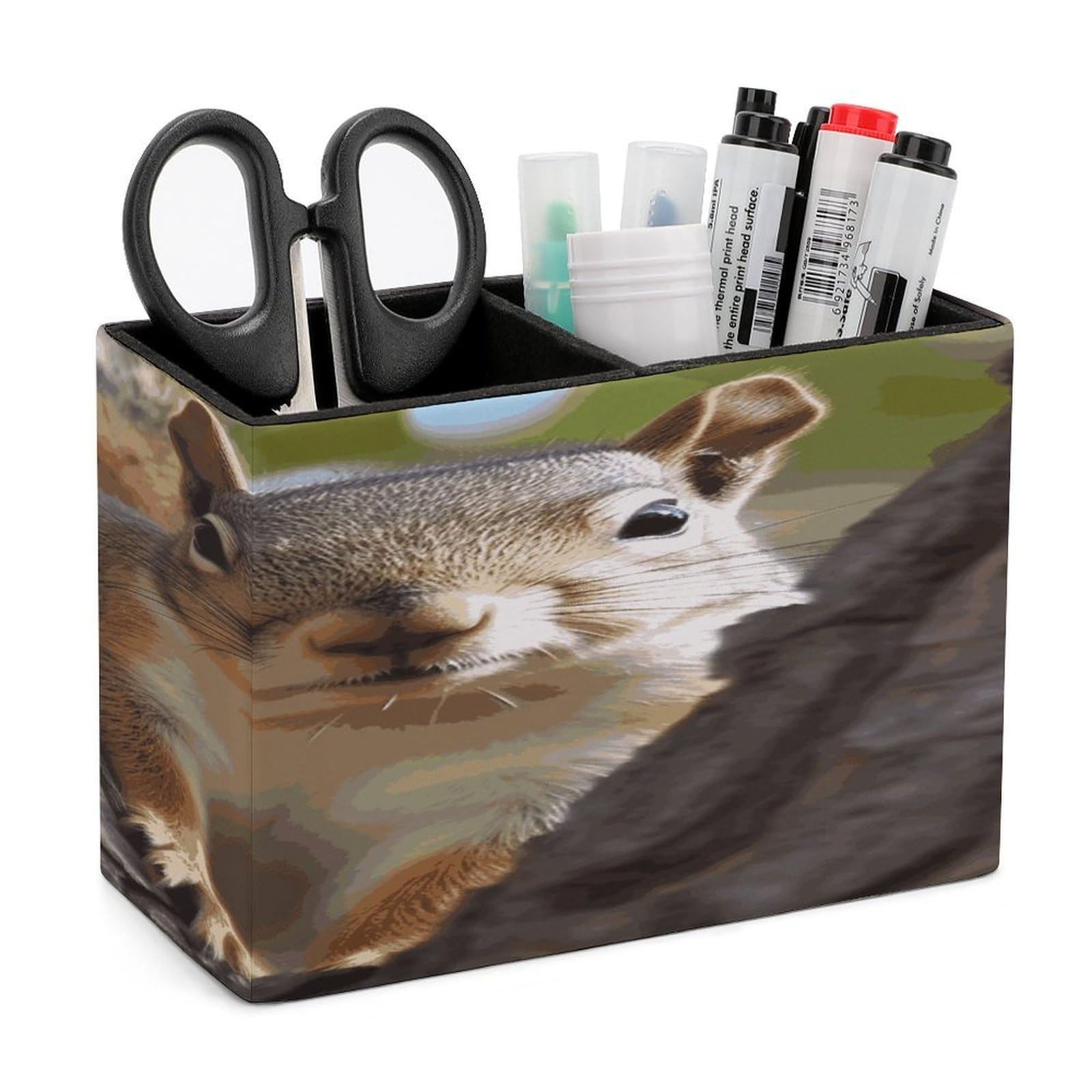 LDGSUPH Squirrel in The Tree Leather Pen Holder for Desk Organizer Caddy Large Pencil Cup Multi-function Pencil Holder Makeup Brush Holders Pen Organizer for Home Office Storage Box