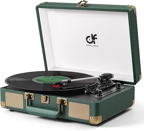 Reproductor de discos de vinilo Bluetooth de audio verde oscuro con altavoces dobles mejorados, grabación USB, tocadiscos portátiles de maleta de 3