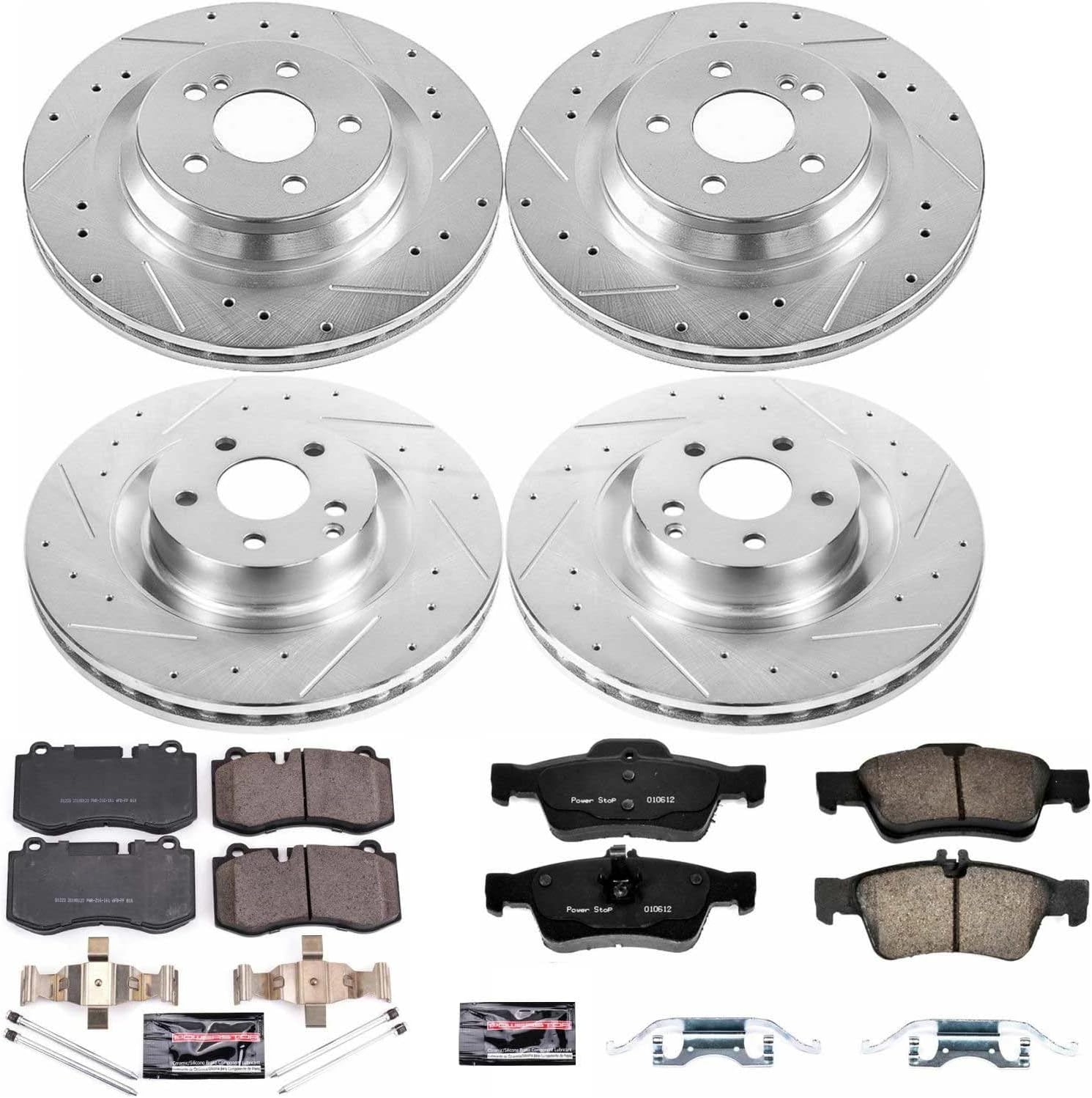 Power Stop K6756 Front and Rear Z23 Carbon Fiber Brake Pads with Drilled & Slotted Brake Rotors Kit and 1 Front & 1 Rear Sensor Wires For CL550, CL600, S350, S400, S550, S600, SL550 [Model Specific]