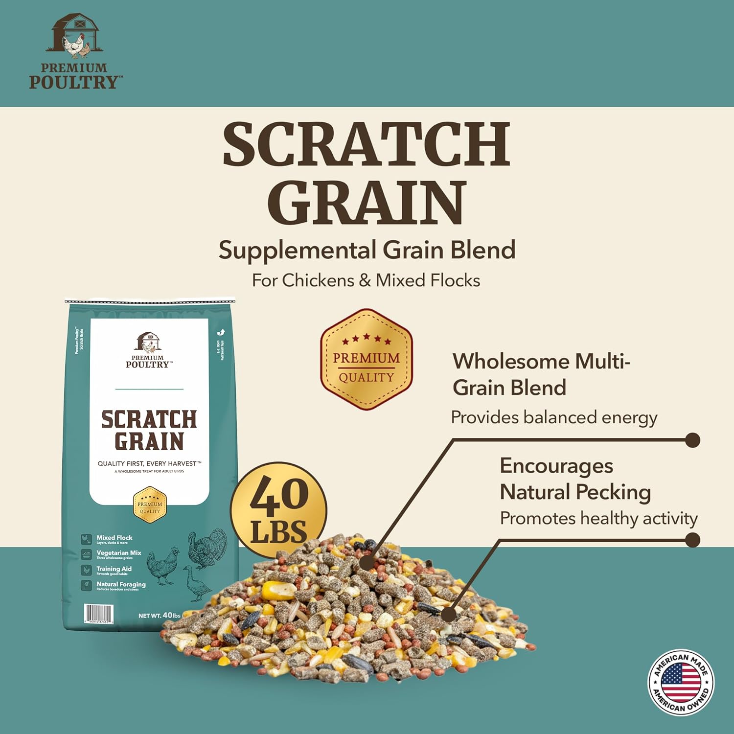 Scratch Grain for Adult Chickens, Ducks, and Turkeys, Vegetarian Mix of Three Grains, Training Aid & Natural Foraging, 40 Pounds
