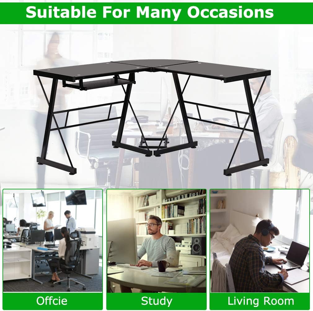FDW Computer Desk Gaming L Shaped Corner Writing for Small Spaces Home Office with Keyboard and CPU Stand Toughened Glass, Black