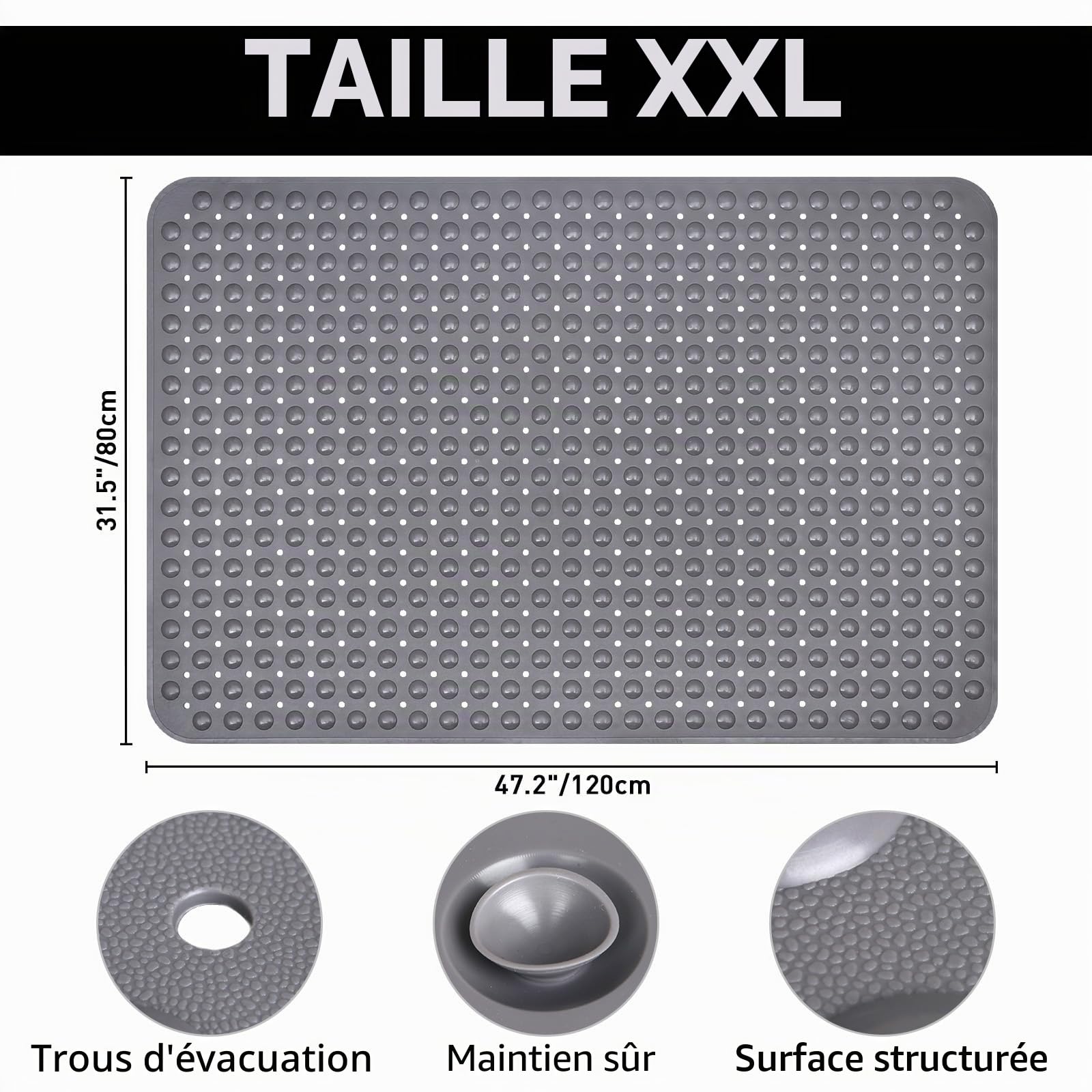 Grand tapis de douche antidérapant 80 x 120 cm : tapis de douche en TPE souple avec trous de drainage et ventouses – Tapis antidérapant de douche lavable en machine antibactérien et résistant