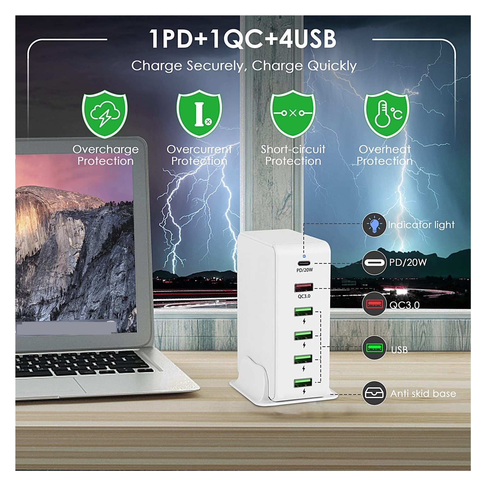 Stazione Di Ricarica USB, Caricatore PD da 20 W Multi USB QC3.0 Stazione di ricarica rapida USB a 6 porte for la casa desktop universale del telefono Compatibilità Più Sicura E Universale ( Color : Wh
