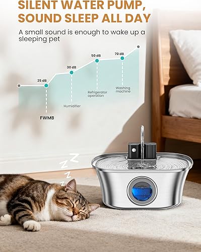 Miniatura 8 de Fuente de agua para gatos inalámbrica fuente de acero inoxidable con pilas para gatos de 108 oz3.2 L, fuentes de agua inalámbricas automáticas para