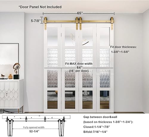 Miniatura 2 de DIYHD Kit de montaje frontal para puerta corrediza de granero de 65 pulgadas, kit de montaje frontal para 4 puertas, ancho de puerta de 16 pulgadas,