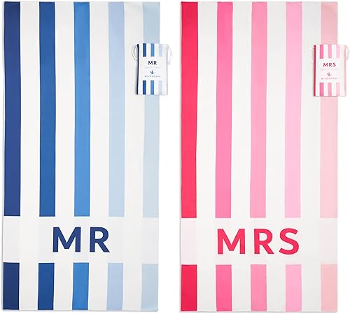 Juego de 2 toallas de playa Mr and Mrs - Toallas de playa de microfibra para él y ella. Toallas de playa Just Married para regalo de luna de miel.