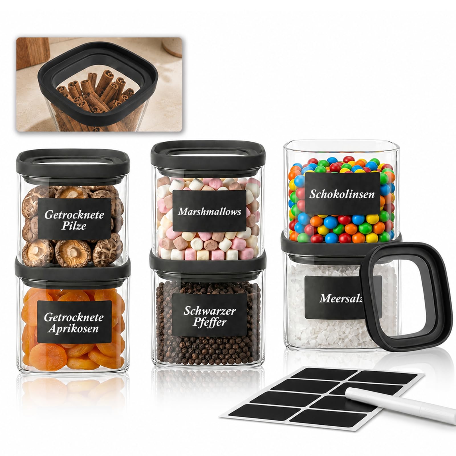 twoant 6×600ml Vorratsdosen Glas mit Deckel Aufbewahrungsgläser Eckig Stapelbar Vorratsgläser mit Deckel Luftdicht für Aufbewahrung Küche,Gewürze, Kaffee Küche, Haushalt & Wohnen