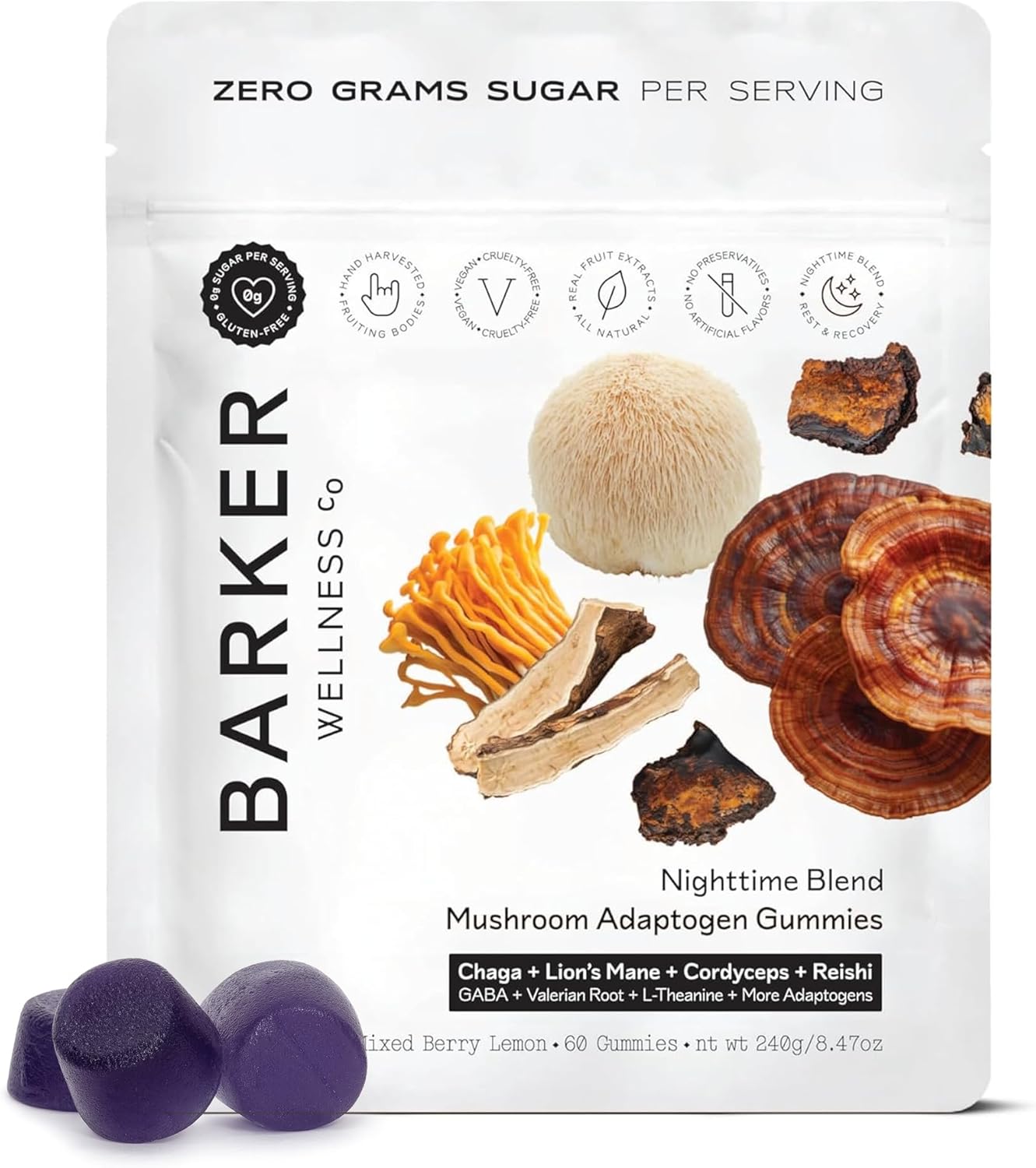 Barker Wellness Nighttime Vegan Sugar-Free Adaptogen Mushroom Gummies – Reishi, Lion's Mane, Chaga, Cordyceps for Calm, Rest & Recovery – Non-GMO Sleep Support & Relaxation Supplement, 60 Count