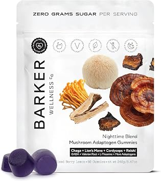 Barker Wellness Nighttime Vegan Sugar-Free Adaptogen Mushroom Gummies Reishi, Lions Mane, Chaga, Cordyceps for Calm, Rest & Recovery Non-GMO Sleep Support & Relaxation Supplement, 60 Count