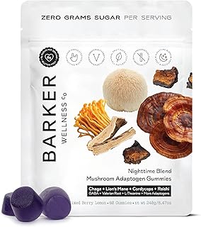 Barker Wellness Nighttime Vegan Sugar-Free Adaptogen Mushroom Gummies – Reishi, Lion's Mane, Chaga, Cordyceps for Calm, Rest & Recovery – Non-GMO Sleep Support & Relaxation Supplement, 60 Count