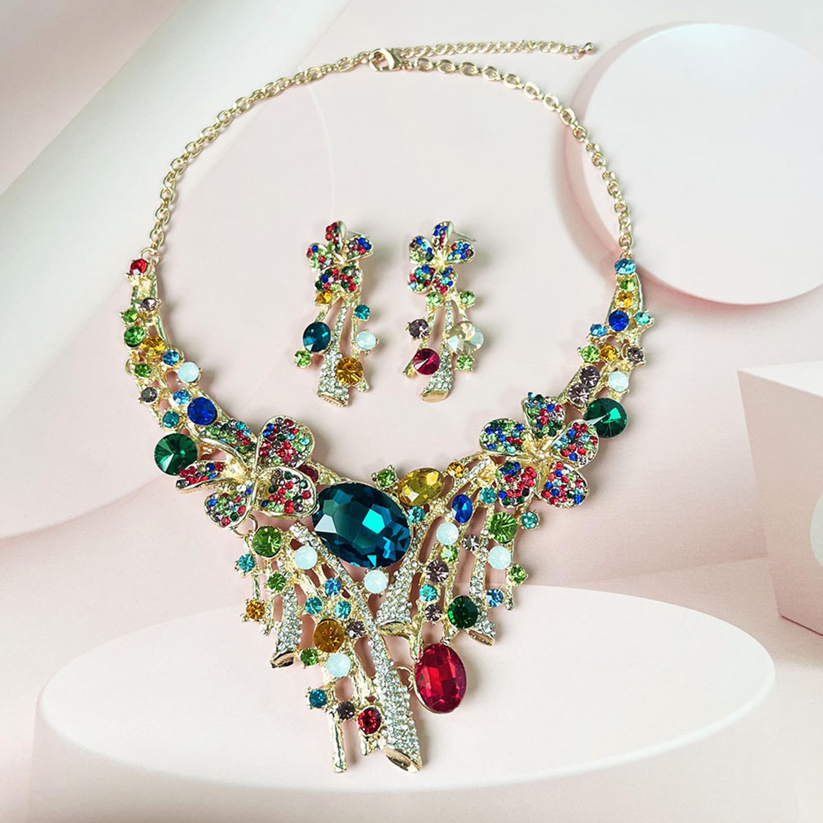 Deslumbrante juego de collar y aretes de tuerca con longitud ajustable, exquisito juego de joyas adecuado para un estilo versátil, joyería floral geométrica