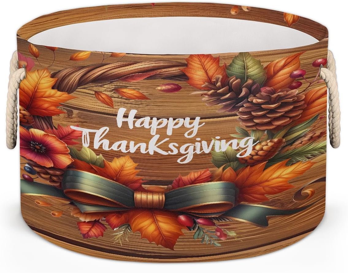Thanksgiving Pumpkin Fall Gift Large Round Storage Basket Collapsible Circle Storage Bin Laundry Hamper With Handle for Kids Toy Blanket Clothes Towel Living Room Nursery Storage Organizer Decor