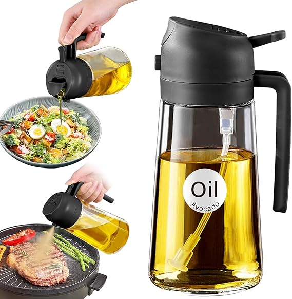 YARRAMATE 16oz/470ml Glass Olive Oil Sprayer for Cooking with Stickers, 2 in 1 Oil Dispenser for Kitchen Gadgets