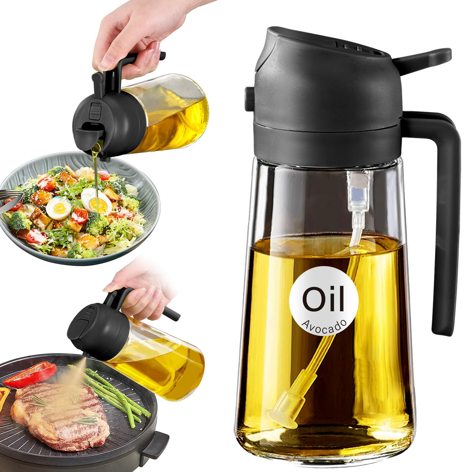 YARRAMATE 16oz/470ml Glass Olive Oil Sprayer for Cooking with Stickers, 2 in 1 Oil Dispenser for Kitchen Gadgets, Food Grade Premium Spray Bottle with Portion Control for Salad, Frying, BBQ (Black)YARRAMATE 16oz/470ml Glass Olive Oil Sprayer fo…