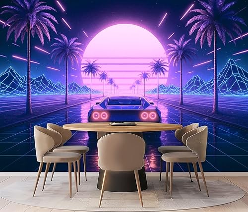 Miniatura 4 de Wall Mural Peel & Stick 80s Retro 3D car neon Abstract Space Self-Adhesive Wallpaper Removable Wall Decal Wall Sticker Home Decor for Living Room