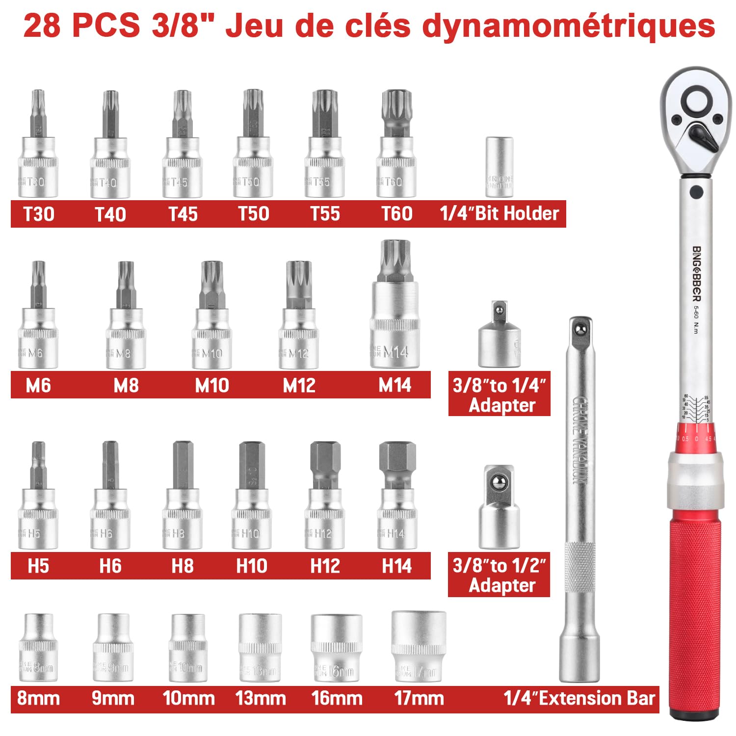 Jeu de clés dynamométriques 3/8" 5-60 Nm 28PCS Outil de précision