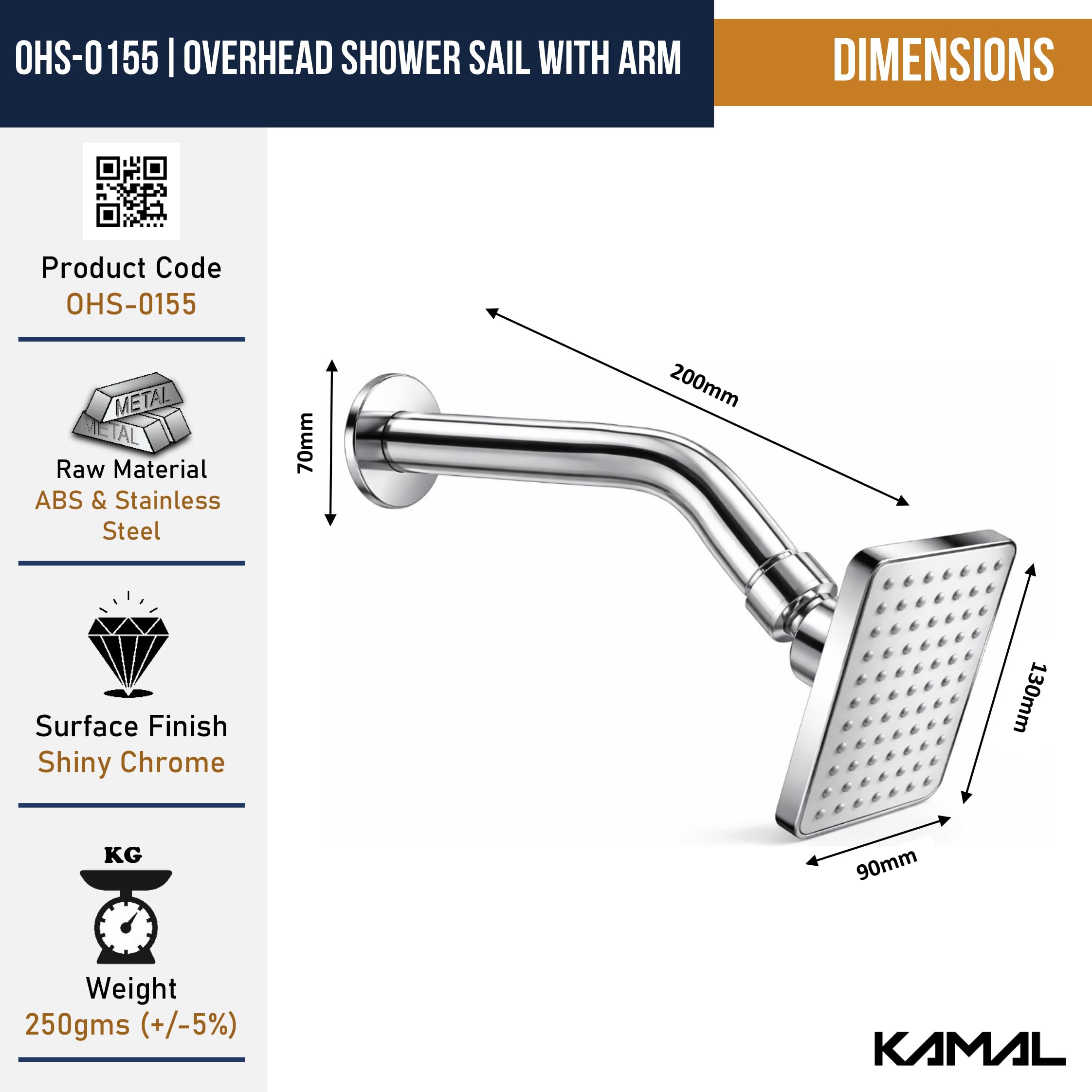 Kamal Overhead Shower Set with Arm | 8-Inch Stainless Steel Shower Arm & Chrome Plated ABS Spray Head | 70 Spray Nozzle Heads | Silver Finish | Bathroom Ceiling Mount (Pack of 1) 1