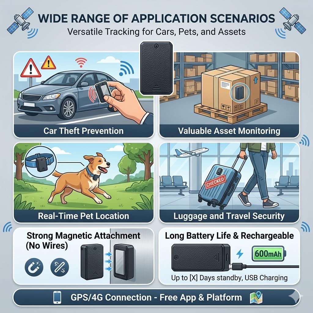 TKMARS Mini Auto 4G GPS Tracker Ohne ABO, Echtzeit Ortung per APP & SMS, Magnetisch, Hohe GPS-Genauigkeit, Bewegungsalarm, Geo-Zaun, Verlauf 6 Monate, SIM Karte Erforderlich für Auto Kinder Gepäck