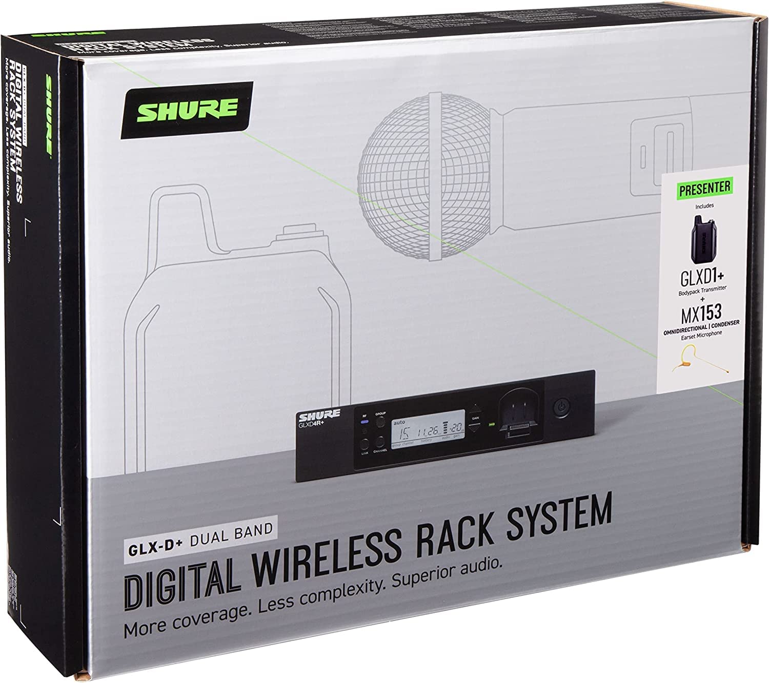 Shure GLXD14R+/MX53 Sistema microfonico wireless digitale Dual Band Pro per trasmissione, chiesa, presentazioni - Durata della batteria 12 ore, portata 30,5 m | Microfono per cuffie MX153, ricevitore