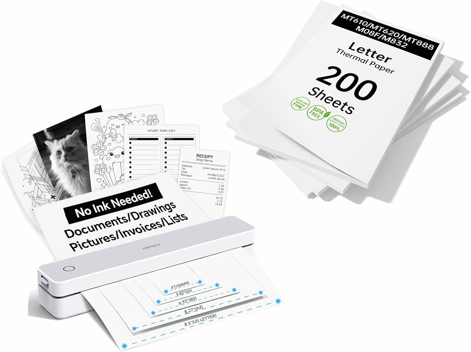 HPRT MT610 Portable Thermal Printer - Inkless Printer, Supports Regular Paper & Labels, Bluetooth & Auto Paper Feed, Supports iOS/Android/Laptop for Home/School/Travel White- 210 Sheets Thermal Paper